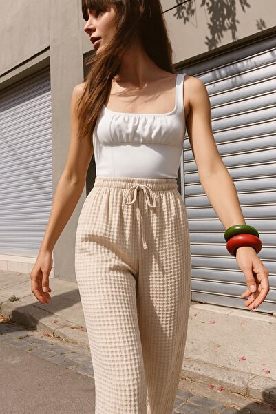 HAKKE Seersucker Textured Waist Lace-Up Relaxed Fit Trousers