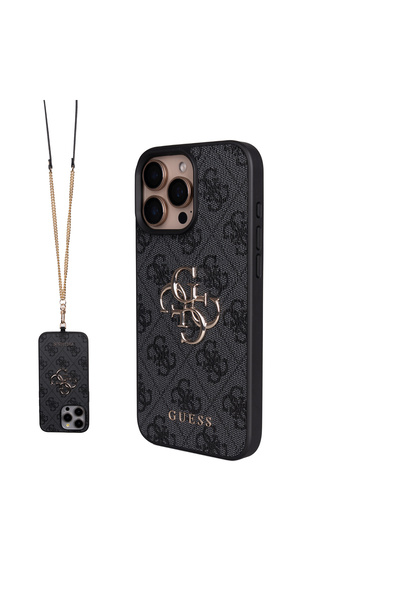 Guess حافظة متوافقة مع iPhone 16 Pro Max مرخصة 4G مع شعار معدني كبير وغطاء أسود