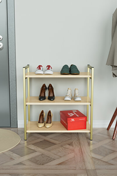 Hediyeler Kapında 3 Raflı Ayakkabılık Antre Hol Ayakkabı Standı Gold Metal