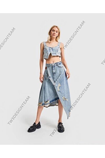tw3 Kadın Denim Kumaş Askılı Crop Tasarım Bluz