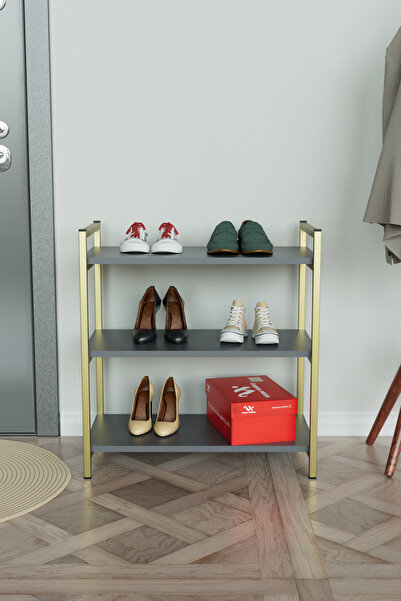 Hediyeler Kapında 3 Raflı Ayakkabılık Antre Hol Ayakkabı Standı Gold Metal