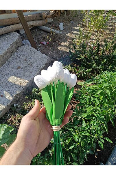 Pey Aksesuar Yapay Lüks 10 lu Islak Lale Buketi Gerçek Doku Kırık Beyaz Sevgililer Günü