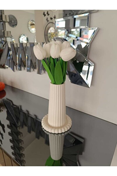 Pey Aksesuar Yapay Lüks 10 lu Islak Lale Buketi Gerçek Doku Kırık Beyaz Sevgililer Günü