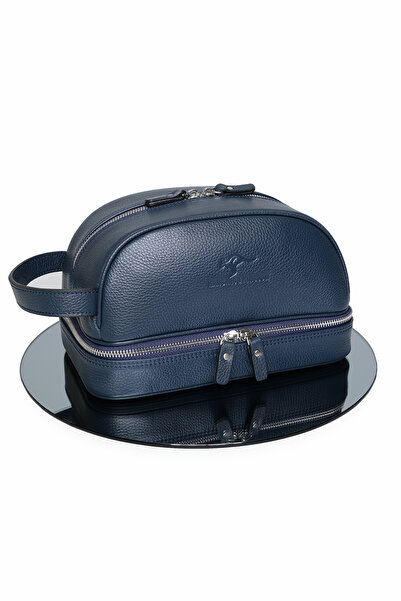 KANGAROO KINGDOM Men's Portfolio Travel Handbag Care Products Organizer Navy Blue Genuine Cowhide Leather 6577-Fl