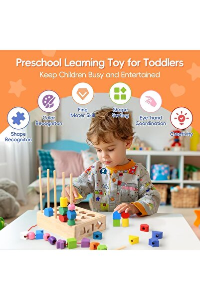 genernic 3-in-1 Wooden Montessori Sorting & Threading Toy Set — Shape Matching Bead Sequencing for Toddlers