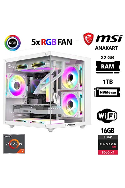 XASER Cube X40 Ryzen 7 5700x 32GB Ram 1TB M.2 NVMe SSD 16GB RX9060 XT Beyaz M...
