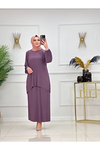 Enans Design طقم حجاب نسائي مكون من قطعتين تنورة مطوية وطقم غير متماثل