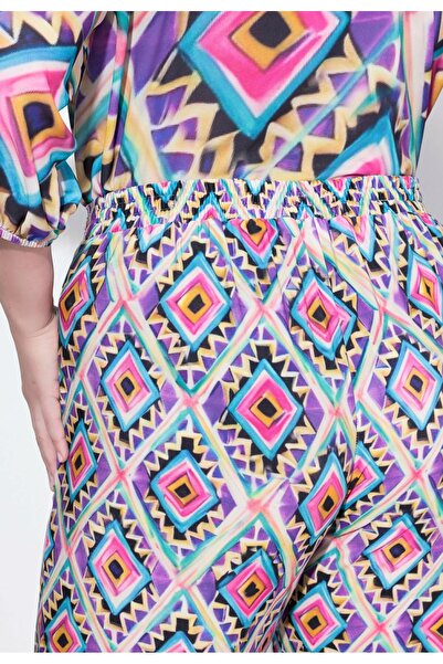 Şans Women's Plus Size Purple, Side Pockets, Relaxed Fit, Elastic Waist Patterned Trousers 65N39104