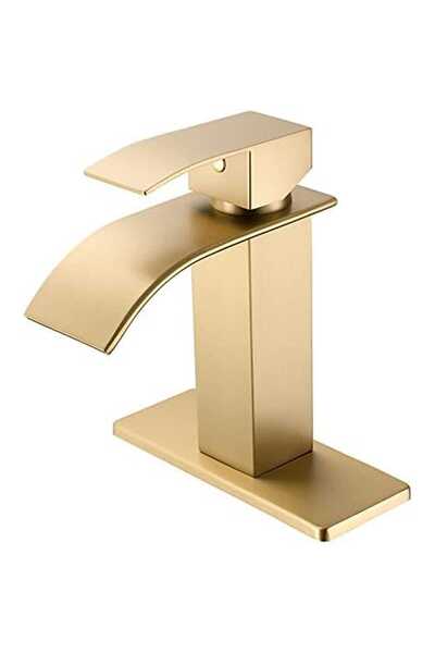 Elindor Modern Waterfall Sink Mixer Tap, Single Lever, with Mounting Plate, Brass, Gold