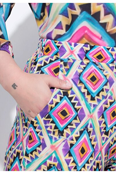 Şans Women's Plus Size Purple, Side Pockets, Relaxed Fit, Elastic Waist Patterned Trousers 65N39104