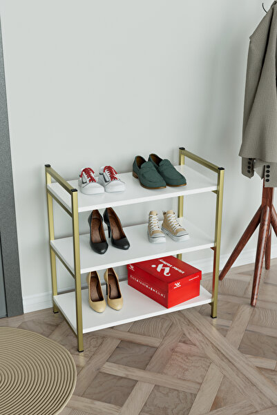 Hediyeler Kapında 3 Raflı Ayakkabılık Antre Hol Ayakkabı Standı Gold Metal