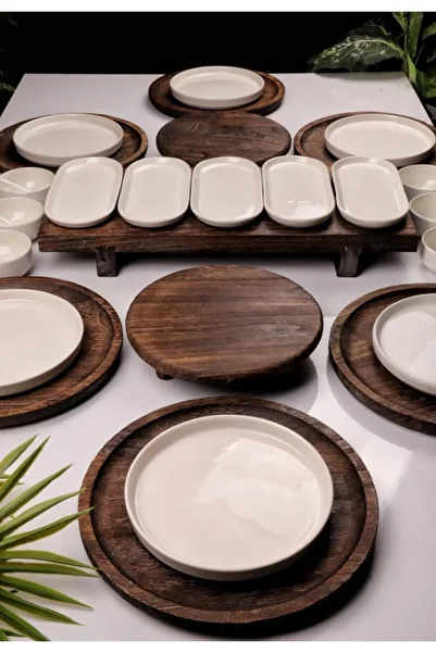 Atbyhome Bambum Pavlonya Velvet Natural Wood and Ceramic 32 Piece Breakfast Presentation Set Breakfast Set Breakfast