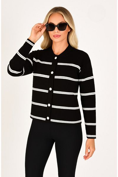 ASEZ BUTİK Black and White Striped Buttoned Knitwear Cardigan - Women's Long Sleeve Cardigan
