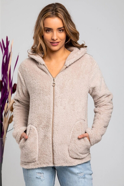 hazelin Women's Biscuit Welsoft Stretch Fabric Plush Yumoş Front Zip Hooded Jacket Hzl23W-Dsb110081