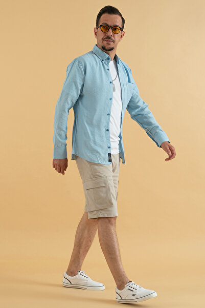 Souris Erkek Buz Mavisi Slim Fit Dar Kesim Viskon Keten Gömlek