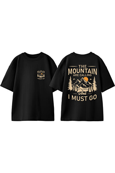 Anetos تي شيرت قطني أسود كبير الحجم مطبوع عليه تصميم جبلي