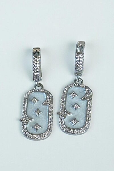 TAKIŞTIR Silver Color Moon and Star Figured Stone Detailed Earrings (Pair)
