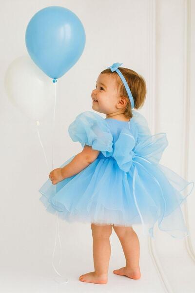 Hobidik Baby Girl Kids Blue Organza Bow Children's Dress