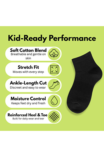 turtees Kids Ankle Socks, Soft Fabric, Ages ranging 3-14, 10 or 20 Pairs, Black or White, Moisture Control