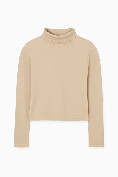 Quzu High Neck Long Sleeve Basic Blouse Beige