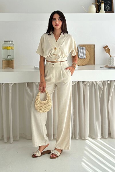 AsprinFashion Button Detailed Double Suit Cream