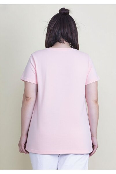 Şans Women's Plus Size Pink Cotton Fabric V Neck Blouse