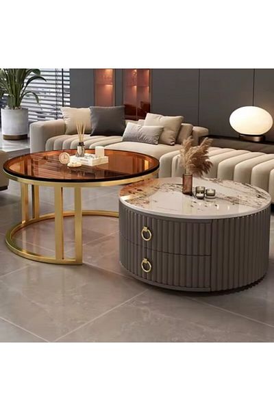 Kardett Set of 2 Tables, Round Living Room Tables 70/50cm, luxury, tables with glass top and marble design