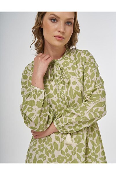 Kayra Floral Desen Pamuk Keten Maksi Elbise KA-B25-23103 - Fıstık Yeşil