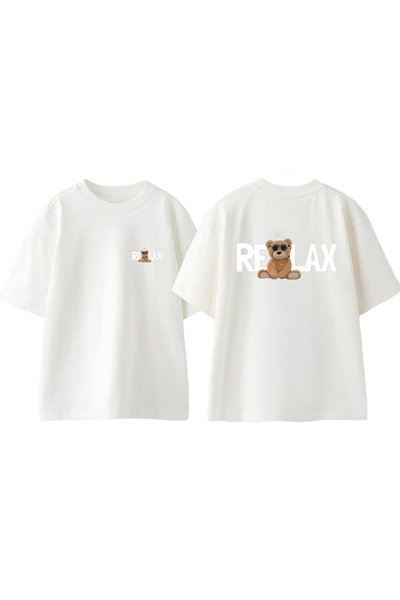 Anetos Tricou Relax Bear Design Back cu imprimeu Cotton White supradimensionat