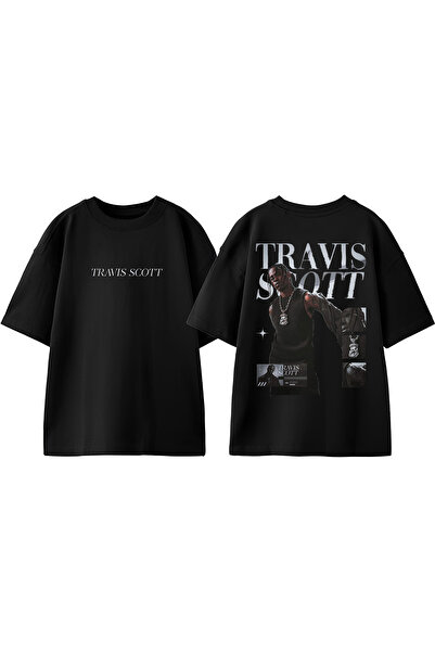 Anetos تي شيرت ترافيس سكوت مطبوع من الخلف من القطن باللون الأسود مقاس كبير