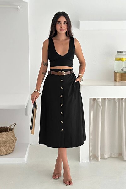 AsprinFashion Λινό φούστα με ζώνη και κουμπιά σε μαύρο χρώμα