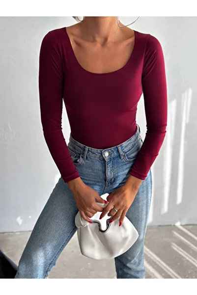 hazelin Women's Burgundy U-Neck Long Sleeve Sandy Blouse Hzl25S-Fry122471