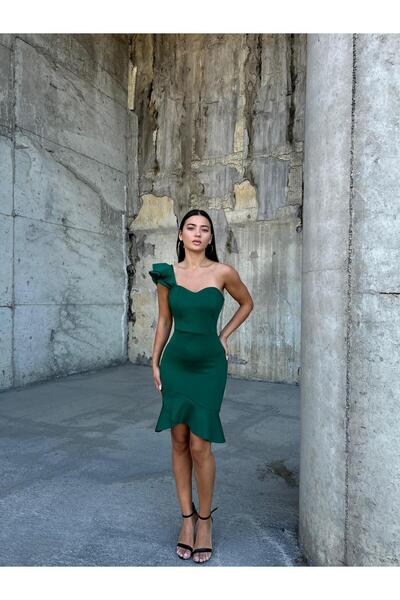 Modafeminen One Sleeve Skirt Ruffle Scuba Dress 581785 Emerald
