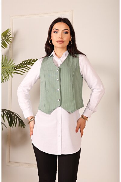 madoy Yeşil Çizgili Klasik Kadın Yelek – Gömlek Üzeri Kombin