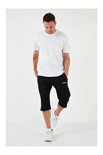 Deep sense Erkek Siyah Diz Altı Uzun Cepli Penye Şort & Bermuda Kapri Yazlık Pamuklu Slim Fit Baskılı
