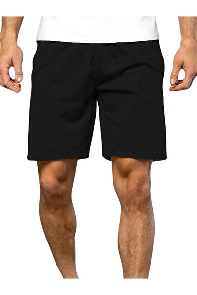 Deep sense Erkek Siyah Penye Şort Spor Bermuda Şeritli Basketbol Futbol Fitness Antraman Koşu