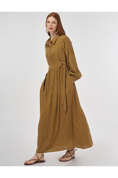 Kayra Belted Viscose Linen Dress Ky-B25-83025 - Dark Olive