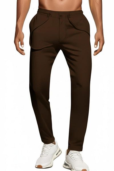 NO 601 Men's Brown Crepe Fabric Buttoned Double Leg Fabric Jogger Pantalon