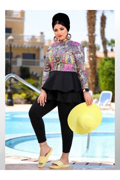 SWAN.AE Burkini, Geometric Print, Long blouse, Ruffle at the waist, zipper, Pants, Cap, Quick-dry Lycra