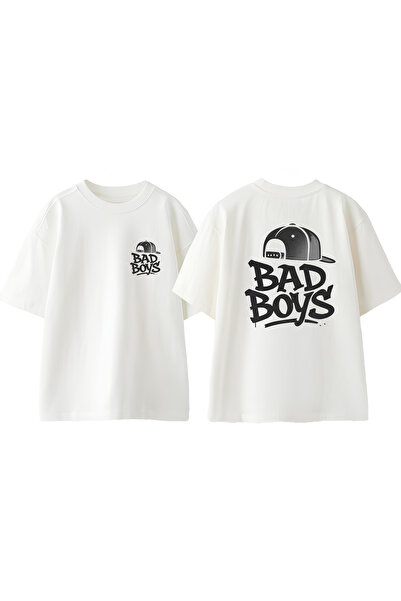 Anetos Μπλουζάκι Bad Boy Cap Design Back με τύπωμα Cotton White oversized