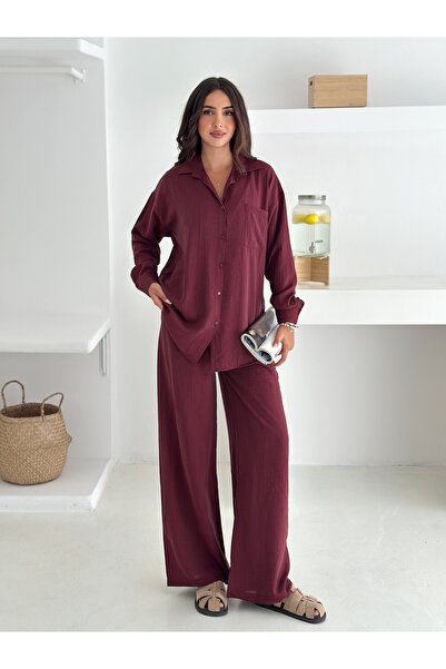 b buhari bykoc Wide Leg Strawberry Fabric Shirt Suit with Elastic Waist