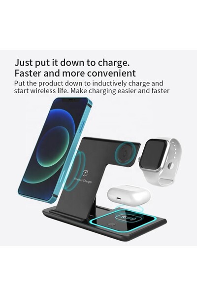 REDz Accessories 3 in 1 Charging Stand, for Office, Foldable and Magnetic, 15W Wireless Charging, Black