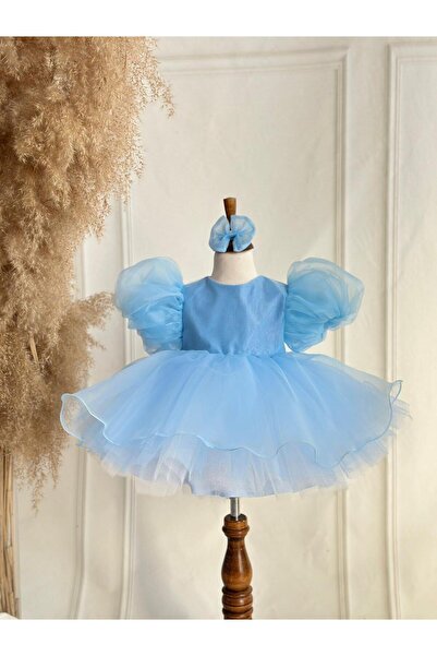 Hobidik Kız Bebek Çocuk Mavi Organze Fiyonklu Çocuk Elbise