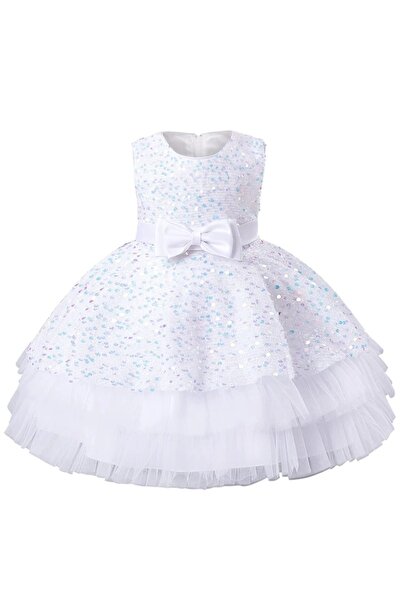 OEM Elegant dress, above the knee, sleeveless, with ruffles and sequins, White 18-24 months