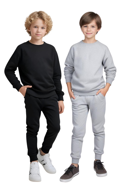 FYK KİDS 2-Piece Plain Unprinted Round Neck Boys Tracksuit Set