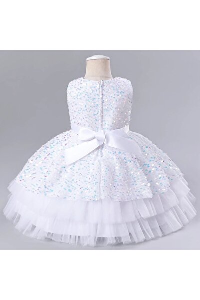 OEM Elegant dress, above the knee, sleeveless, with ruffles and sequins, White 18-24 months