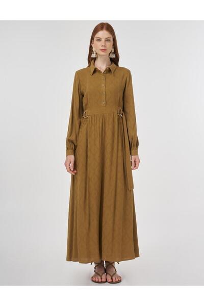 Kayra Belted Viscose Linen Dress Ky-B25-83025 - Dark Olive