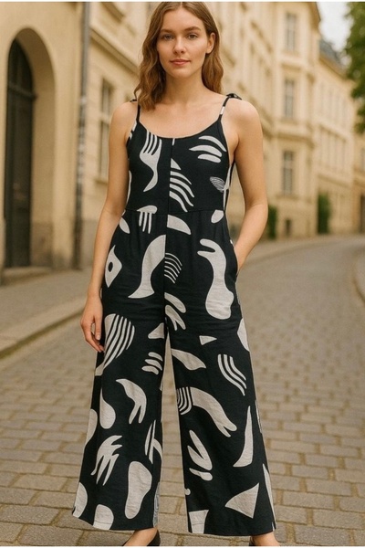 SheLoria Women's Black and White Patterned Double Pocket Strap Casual Modal Jumpsuit