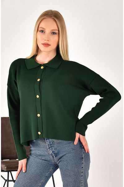 ASEZ BUTİK Women's Polo Neck Buttoned Knitwear Cardigan - Green