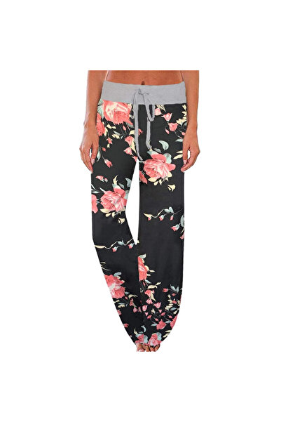 OEM Pantaloni sport largi pentru femei, negri cu flori, mărimea XXL